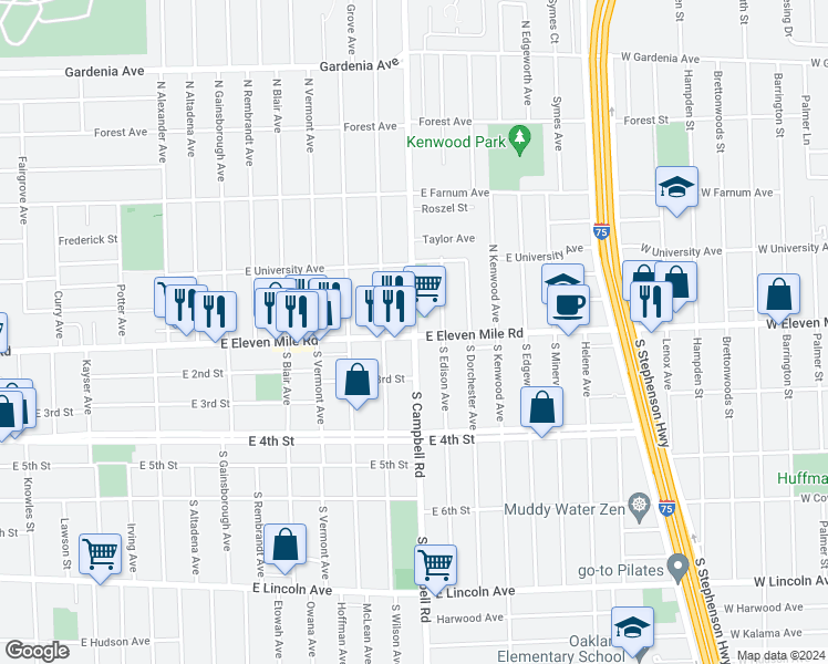 map of restaurants, bars, coffee shops, grocery stores, and more near 102 North Campbell Road in Royal Oak