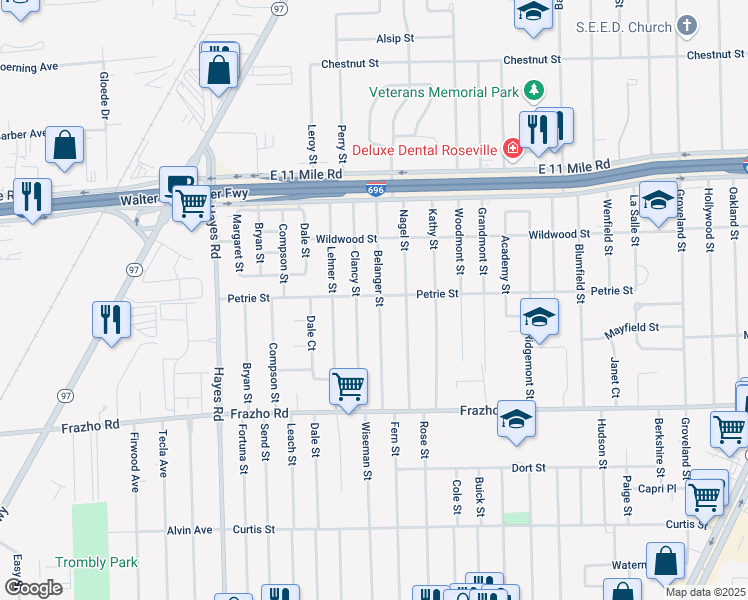 map of restaurants, bars, coffee shops, grocery stores, and more near 26461 Belanger Street in Roseville