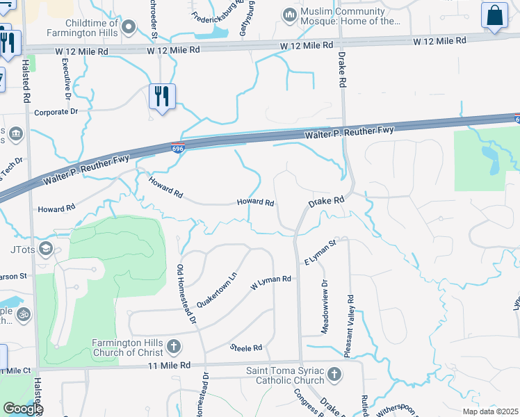 map of restaurants, bars, coffee shops, grocery stores, and more near 36199 Howard Road in Farmington Hills