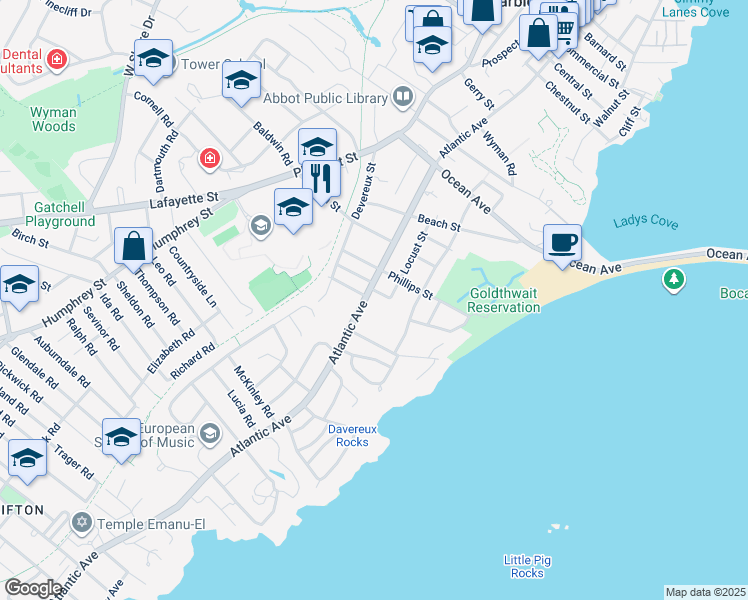map of restaurants, bars, coffee shops, grocery stores, and more near 196 Atlantic Avenue in Marblehead