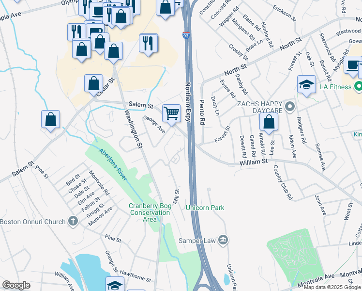 map of restaurants, bars, coffee shops, grocery stores, and more near 82 Mill Street in Woburn