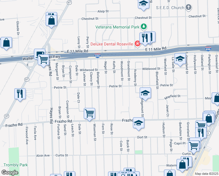 map of restaurants, bars, coffee shops, grocery stores, and more near 26220 Nagel Street in Roseville