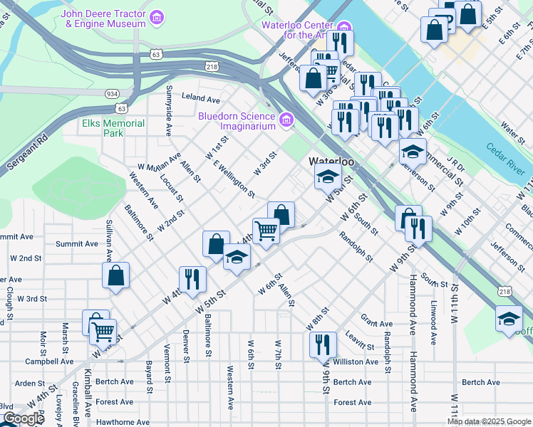 map of restaurants, bars, coffee shops, grocery stores, and more near 800 West 4th Street in Waterloo