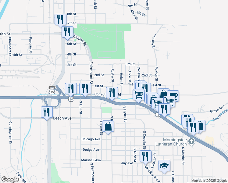 map of restaurants, bars, coffee shops, grocery stores, and more near 117-119 Helen St in Sioux City