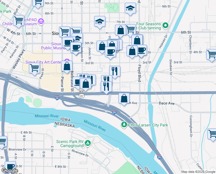 map of restaurants, bars, coffee shops, grocery stores, and more near in Sioux City