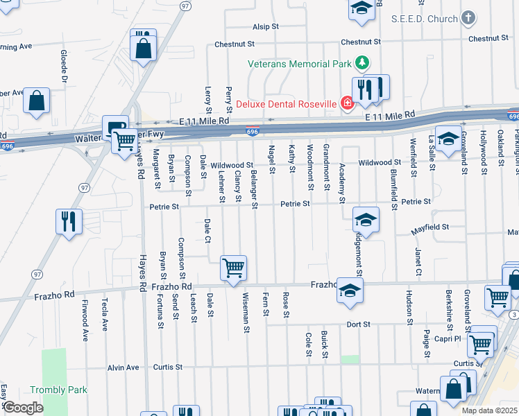 map of restaurants, bars, coffee shops, grocery stores, and more near 26460 Belanger Street in Roseville