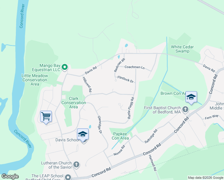 map of restaurants, bars, coffee shops, grocery stores, and more near 54A Notre Dame Road in Bedford