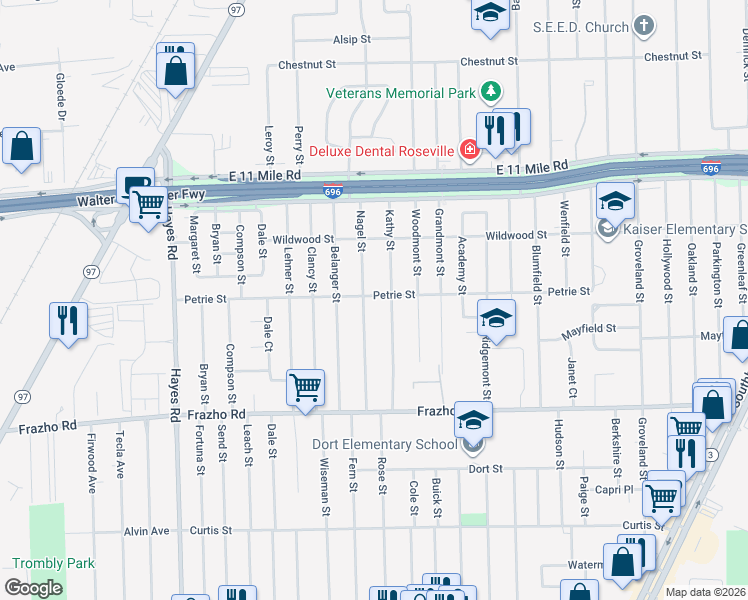 map of restaurants, bars, coffee shops, grocery stores, and more near 26220 Nagel Street in Roseville