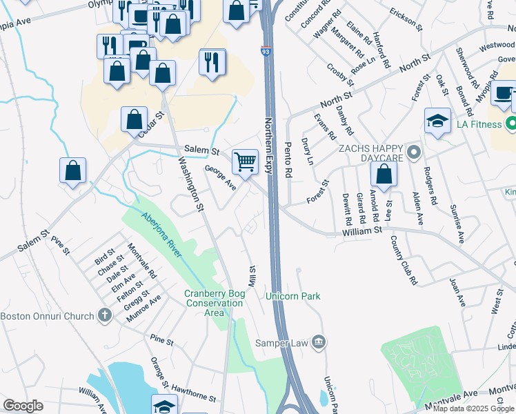 map of restaurants, bars, coffee shops, grocery stores, and more near 82 Mill Street in Woburn