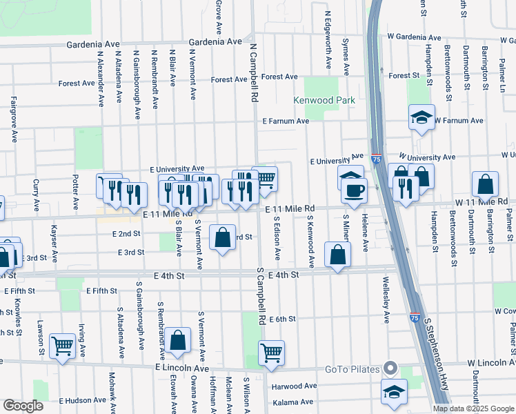 map of restaurants, bars, coffee shops, grocery stores, and more near 104 North Campbell Road in Royal Oak