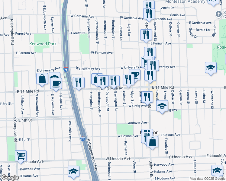 map of restaurants, bars, coffee shops, grocery stores, and more near 511 West Eleven Mile Road in Madison Heights