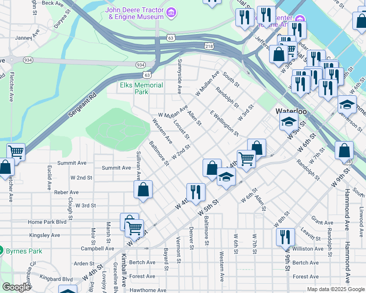 map of restaurants, bars, coffee shops, grocery stores, and more near 1018 West 2nd Street in Waterloo