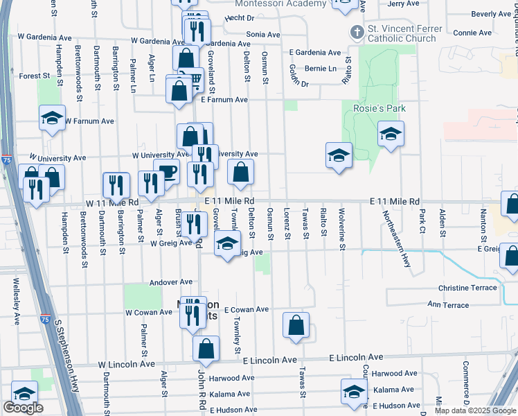 map of restaurants, bars, coffee shops, grocery stores, and more near 540 East Eleven Mile Road in Madison Heights