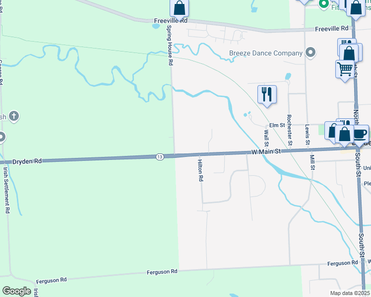 map of restaurants, bars, coffee shops, grocery stores, and more near 124-26 Main St W in Dryden
