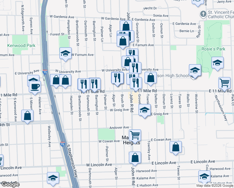 map of restaurants, bars, coffee shops, grocery stores, and more near 239 West Eleven Mile Road in Madison Heights