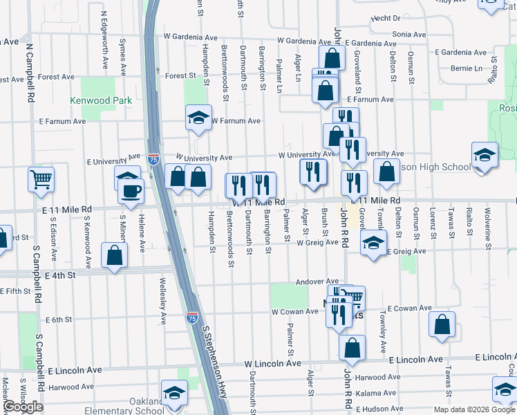 map of restaurants, bars, coffee shops, grocery stores, and more near 511 West Eleven Mile Road in Madison Heights