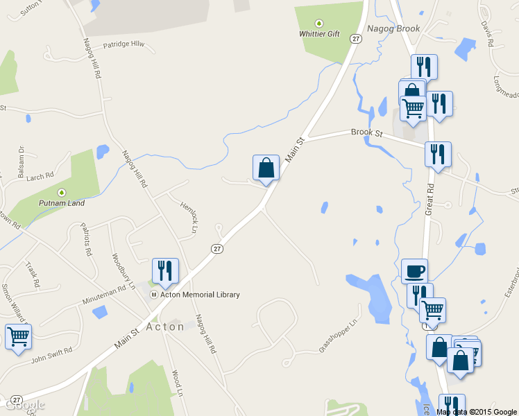 map of restaurants, bars, coffee shops, grocery stores, and more near 562 Main Street in Acton