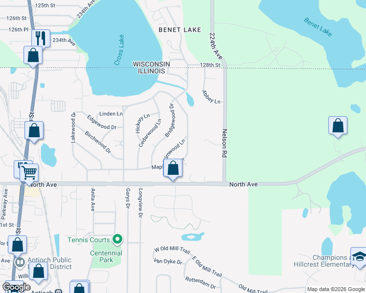 map of restaurants, bars, coffee shops, grocery stores, and more near 297 Elmwood Lane in Antioch