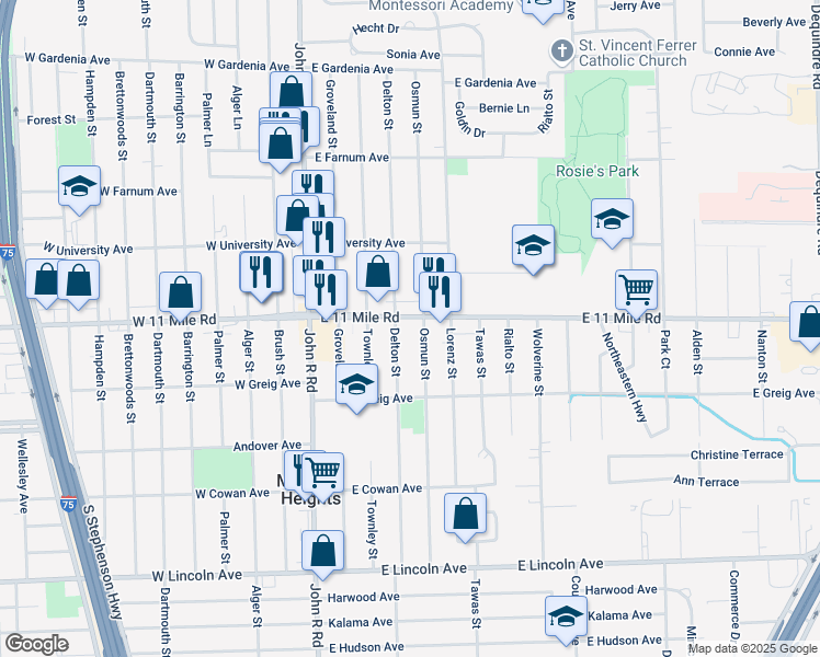 map of restaurants, bars, coffee shops, grocery stores, and more near 540 East Eleven Mile Road in Madison Heights