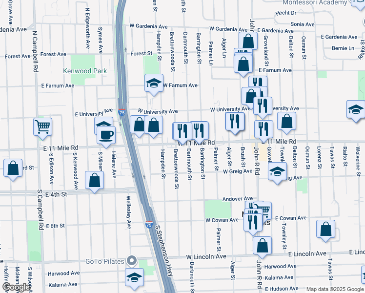 map of restaurants, bars, coffee shops, grocery stores, and more near 623 East Eleven Mile Road in Madison Heights