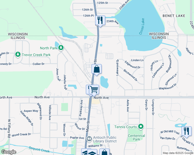 map of restaurants, bars, coffee shops, grocery stores, and more near 471 Main Street in Antioch