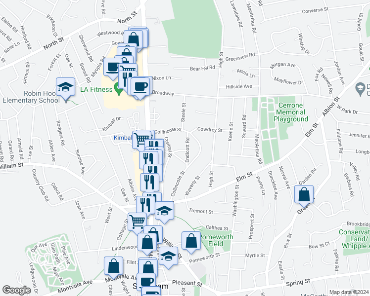 map of restaurants, bars, coffee shops, grocery stores, and more near 38 Endicott Road in Stoneham