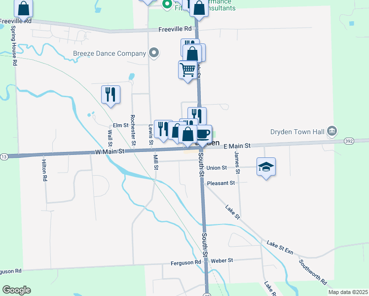 map of restaurants, bars, coffee shops, grocery stores, and more near 24 West Main Street in Dryden