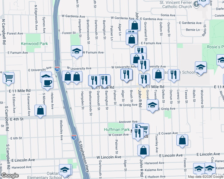 map of restaurants, bars, coffee shops, grocery stores, and more near 415 West Eleven Mile Road in Madison Heights