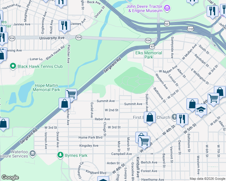 map of restaurants, bars, coffee shops, grocery stores, and more near 123 Chicago Street in Waterloo
