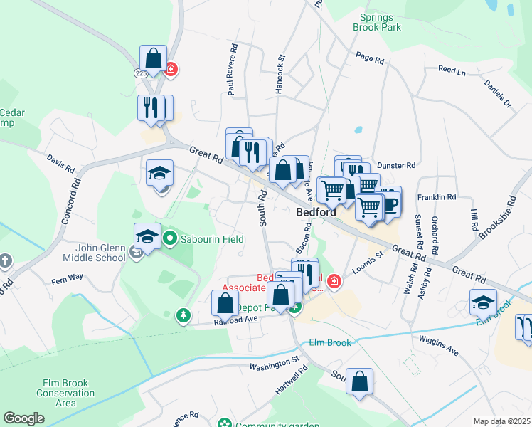 map of restaurants, bars, coffee shops, grocery stores, and more near 40 South Road in Bedford