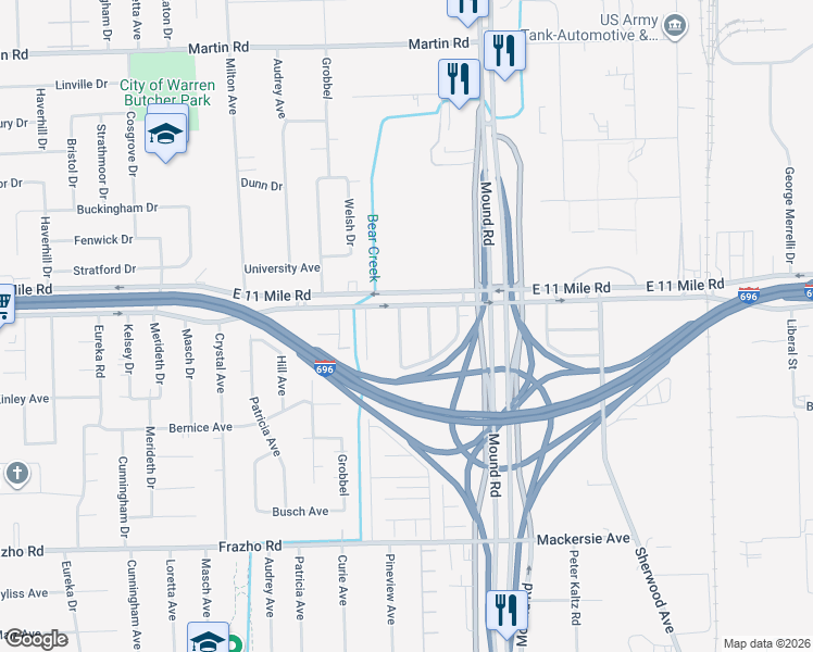 map of restaurants, bars, coffee shops, grocery stores, and more near 26812 Blackmar Avenue in Warren