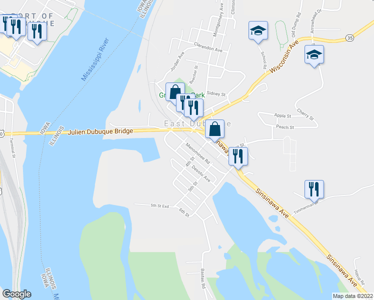 map of restaurants, bars, coffee shops, grocery stores, and more near 358 Menominee Road in East Dubuque