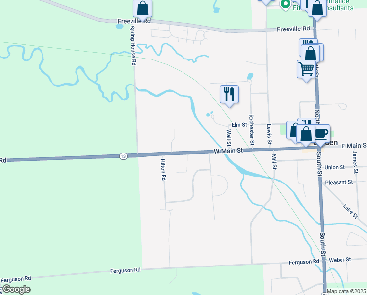 map of restaurants, bars, coffee shops, grocery stores, and more near 102 West Main Street in Dryden