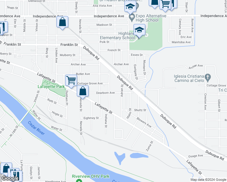 map of restaurants, bars, coffee shops, grocery stores, and more near 313 Dearborn Avenue in Waterloo