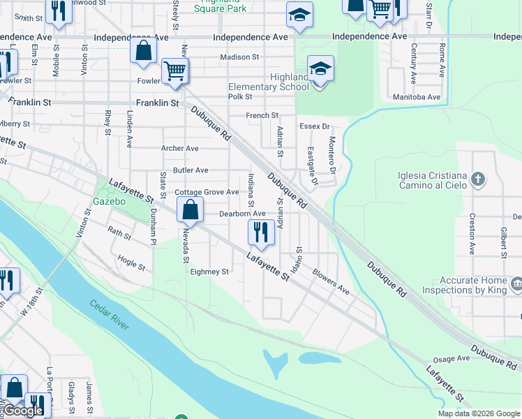 map of restaurants, bars, coffee shops, grocery stores, and more near 313 Dearborn Avenue in Waterloo