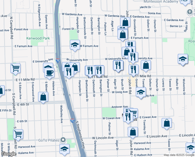 map of restaurants, bars, coffee shops, grocery stores, and more near 511 West Eleven Mile Road in Madison Heights