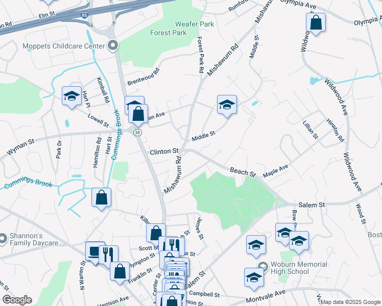 map of restaurants, bars, coffee shops, grocery stores, and more near 11 Beach Street in Woburn
