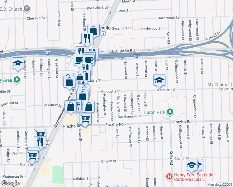 map of restaurants, bars, coffee shops, grocery stores, and more near 18050 Marquette St in Roseville