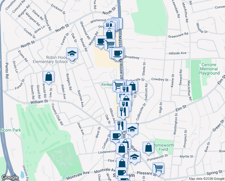map of restaurants, bars, coffee shops, grocery stores, and more near 17 Kays Road in Stoneham