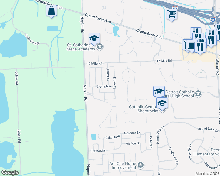 map of restaurants, bars, coffee shops, grocery stores, and more near 51147 Brompton in Novi