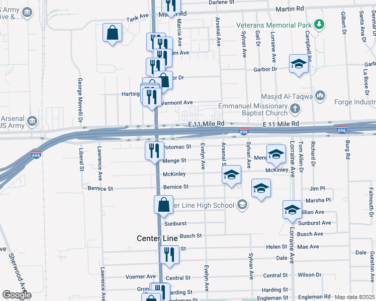 map of restaurants, bars, coffee shops, grocery stores, and more near 8140 Potomac Street in Center Line