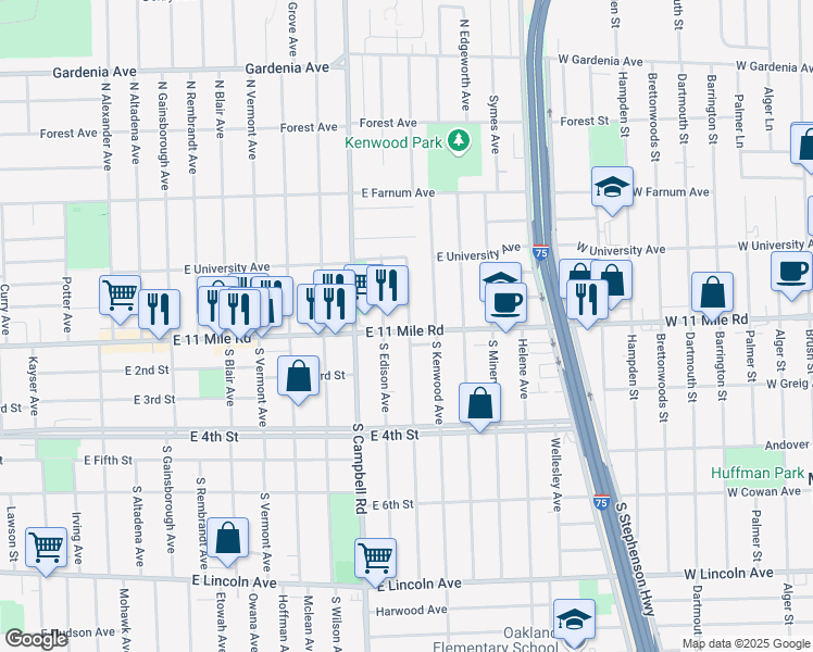 map of restaurants, bars, coffee shops, grocery stores, and more near 15 North Dorchester Avenue in Royal Oak