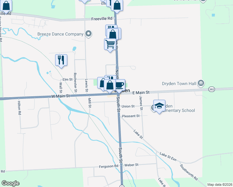 map of restaurants, bars, coffee shops, grocery stores, and more near 4 West Main Street in Dryden