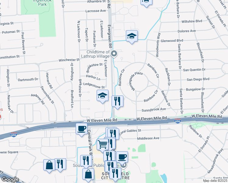 map of restaurants, bars, coffee shops, grocery stores, and more near 27414 Evergreen Road in Lathrup Village