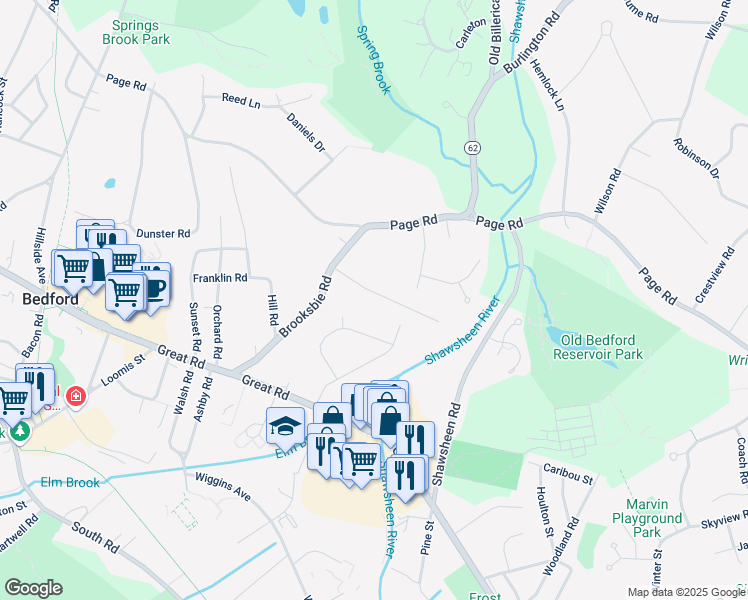map of restaurants, bars, coffee shops, grocery stores, and more near 5 Jonathan Lane in Bedford