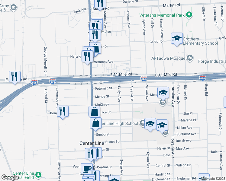 map of restaurants, bars, coffee shops, grocery stores, and more near 8140 Potomac Street in Center Line