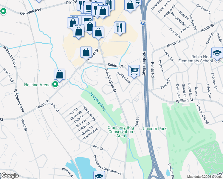 map of restaurants, bars, coffee shops, grocery stores, and more near 250 Washington Street in Woburn