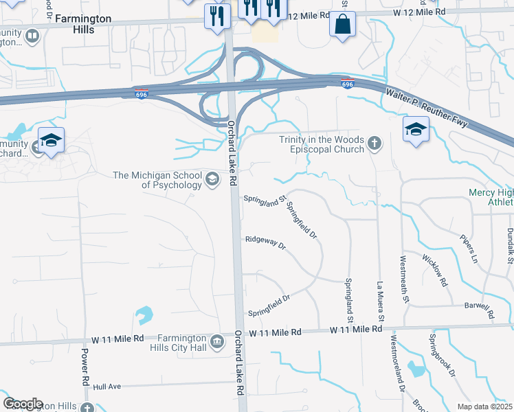 map of restaurants, bars, coffee shops, grocery stores, and more near 30855 Springland Street in Farmington Hills