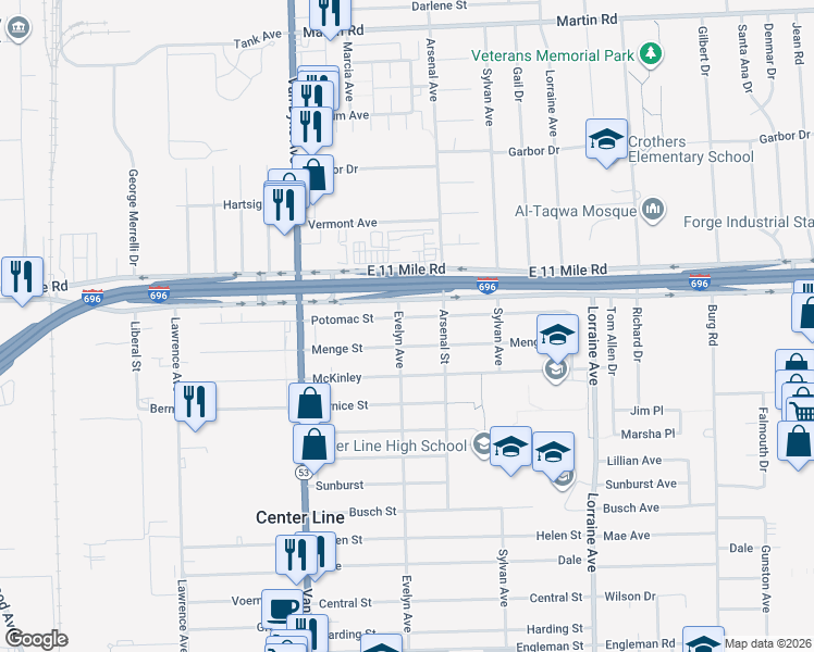 map of restaurants, bars, coffee shops, grocery stores, and more near 8310 Potomac Street in Center Line