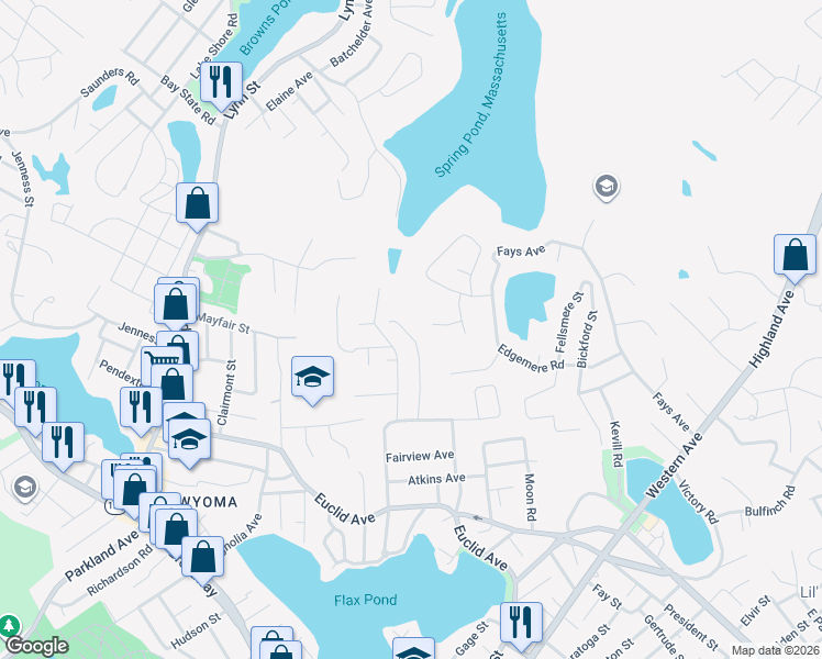map of restaurants, bars, coffee shops, grocery stores, and more near 73 Lockwood Road in Lynn
